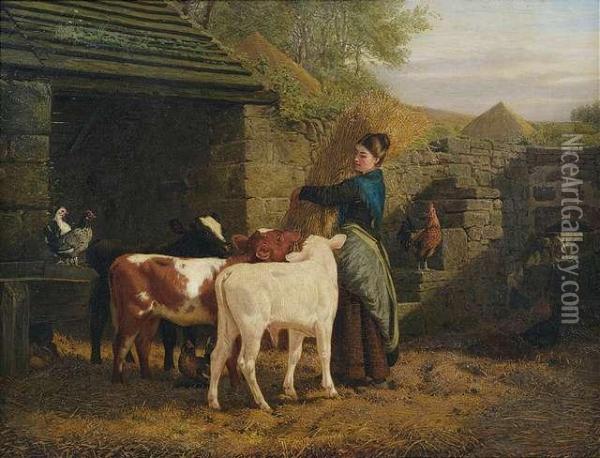 Peasant Woman With Three Little Calfs Oil Painting - Henry Hetherington Emmerson