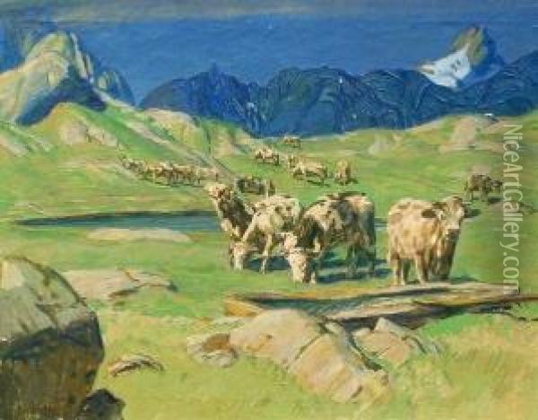 Weidende Kuhe In Einer Berglandschaft Oil Painting - Fritz Erler