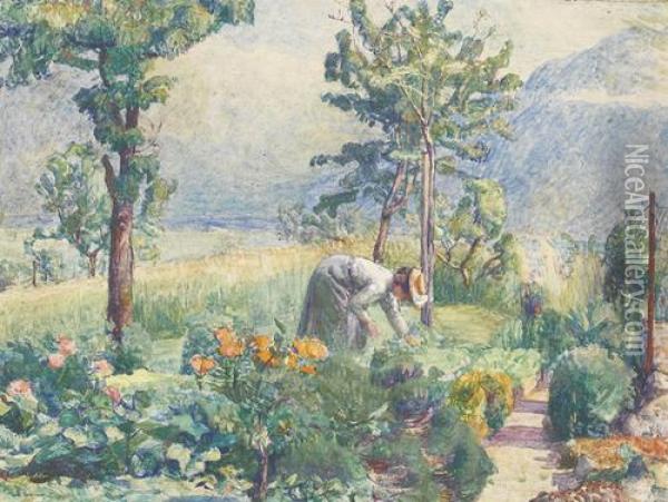 Gartenansicht Mit Einer Dame In Chexbres. Oil Painting - Abraham Hermanjat