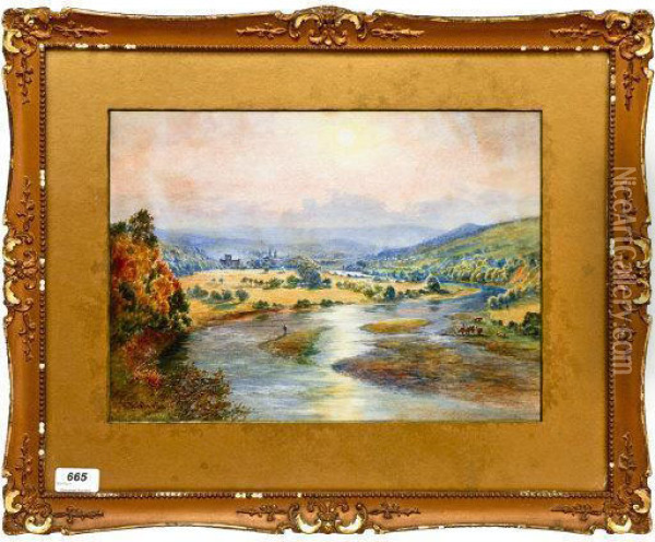 Scottish Landscape, 
Winding River With Figures. Oil Painting - Robert Brown Johnston