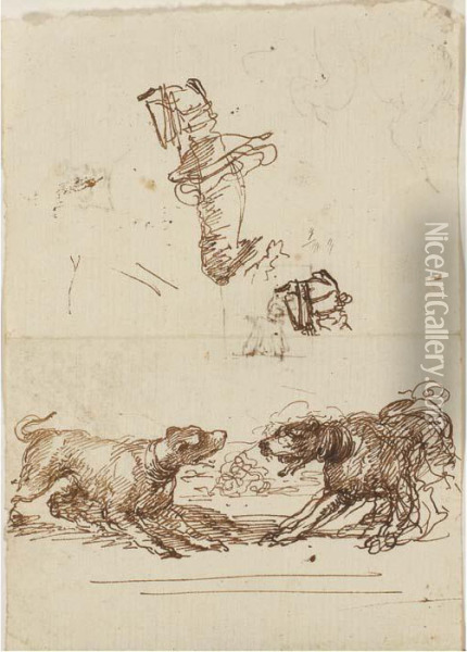 Two Barking Hounds With Studies 
Of A Leg And A Foot In A Stirrup(recto); A Caricature, A Head And A Dog 
(verso) Oil Painting - Stefano della Bella