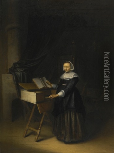A Portrait Of A Woman At A Clavecin Oil Painting - Gerrit Dou