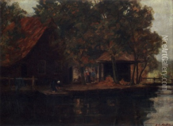 Dutch Home Along The Canal Oil Painting - James C. Magee