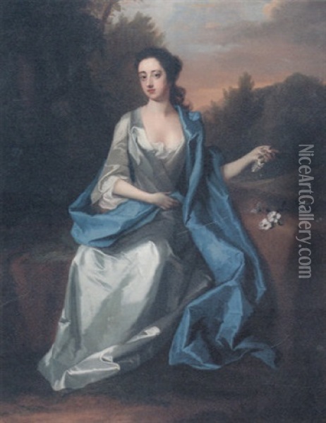 Portrait Of A Lady (elizabeth, Duchess Of Beaufort?), Wearing A White Satin Dress With Blue Wrap Oil Painting - Michael Dahl