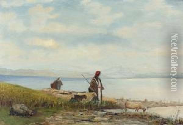 Arabische Hirten Mit Schafen Am See. Oil Painting - Etienne Duval