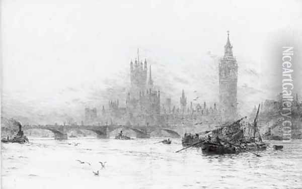 Westminster - Flood tide Oil Painting - William Lionel Wyllie