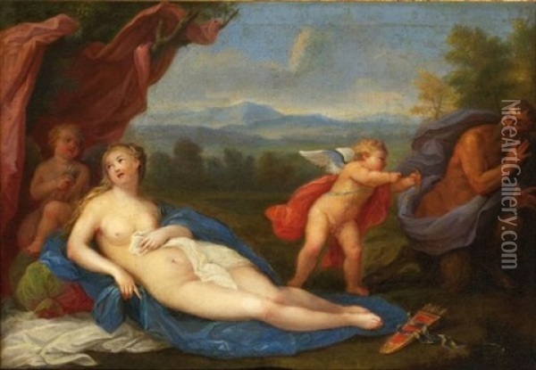 Venus Et L'amour Chassant Un Satyre Oil Painting - Louis de Boulogne the Younger