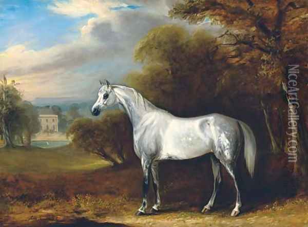 A grey Arabian in a landscape, with the south front of Hollin Hall, North Yorkshire beyond Oil Painting - John Jnr. Ferneley