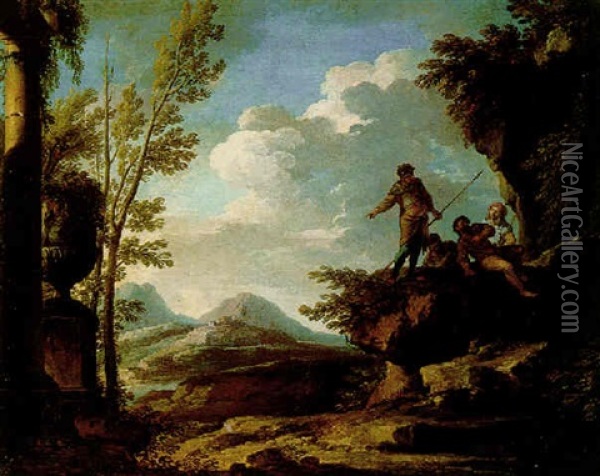 A Rocky Landscape With Mountains And A River Beyond, Figures In Conversation In The Foreground Oil Painting - Andrea Locatelli