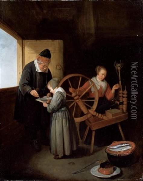 Interior With A School Master Teaching A Young Girl To Read, Another Girl Seated At A Spinning Wheel Oil Painting - Quiringh Gerritsz van Brekelenkam