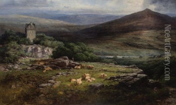 Scottish Landscape With A Flock Of Sheep And A Tower Oil Painting - Andrew Melrose