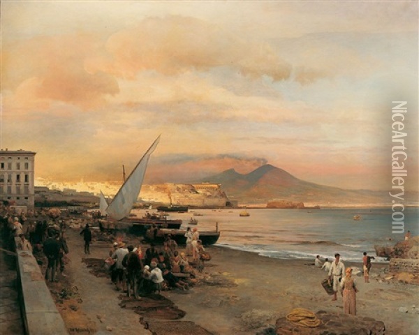 Am Strand Von Neapel, Im Hintergrund Der Vesuv Oil Painting - Oswald Achenbach