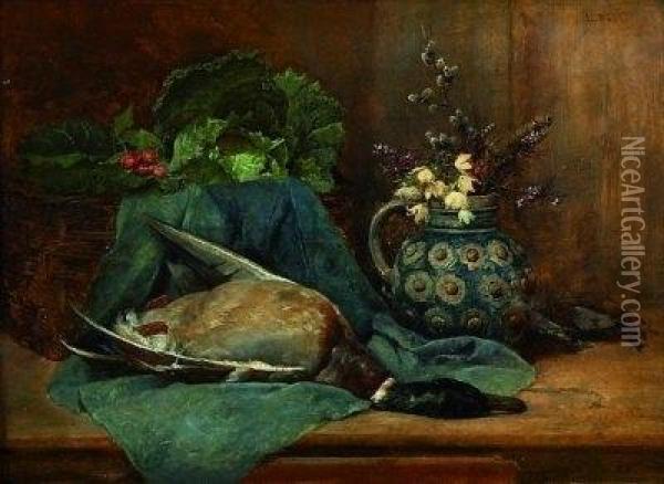 Stilleben Mit Erlegter Ente, Einem Blumenstraus Und Wirsing Oil Painting - Ludwig Eibl