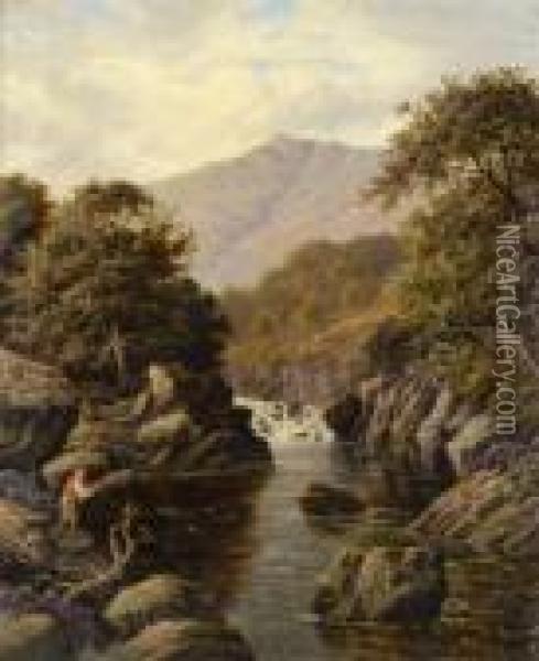 Fiskande Pojke Vid Bergsback, Motiv Fran Wales Oil Painting - Alfred de Breanski