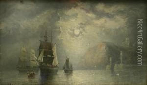 Shipping Off Whitby Harbour By Moonlight Oil Painting - Richard Weatherill