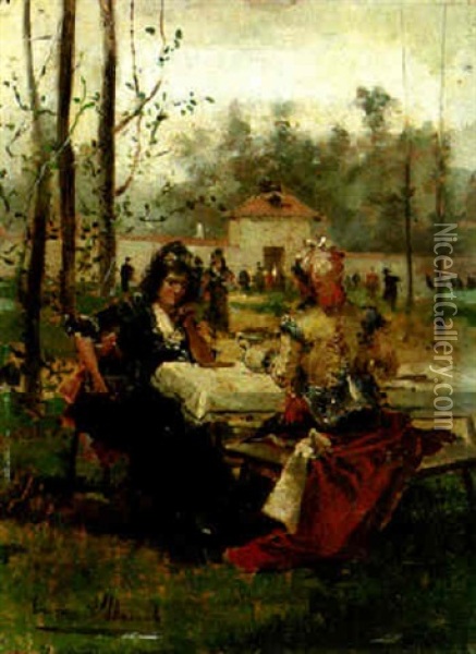 Elegant Figures Conversing At A Garden Party Oil Painting - Eugenio Lucas Villamil