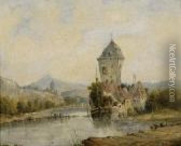 Continental River Landscape With Towered Buildings Oil Painting - Alfred Vickers