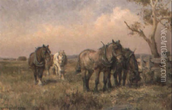 Draught Horses Grazing Oil Painting - Jan Hendrik Scheltema