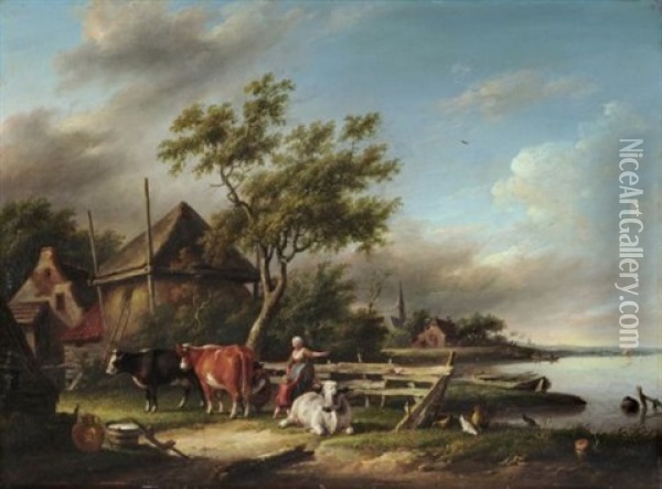 Bauernfamilie Beim Melken Des Viehs Oil Painting - Albertus Jacobus Besters