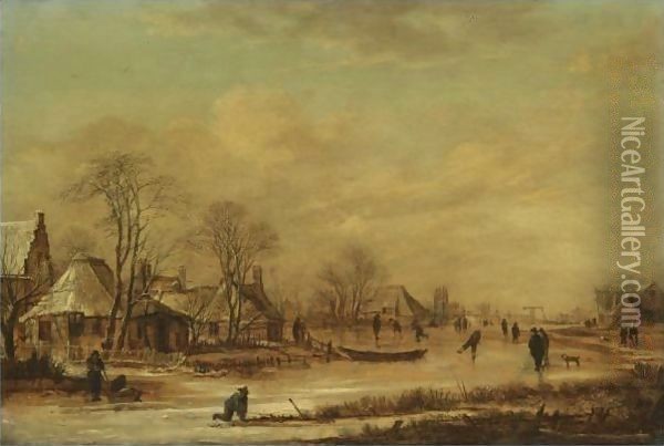 A Village Scene In Winter With Skaters On A Frozen River Oil Painting - Aert van der Neer