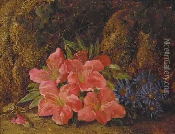 A still life of spring flowers on a mossy bank Oil Painting - Vincent Clare