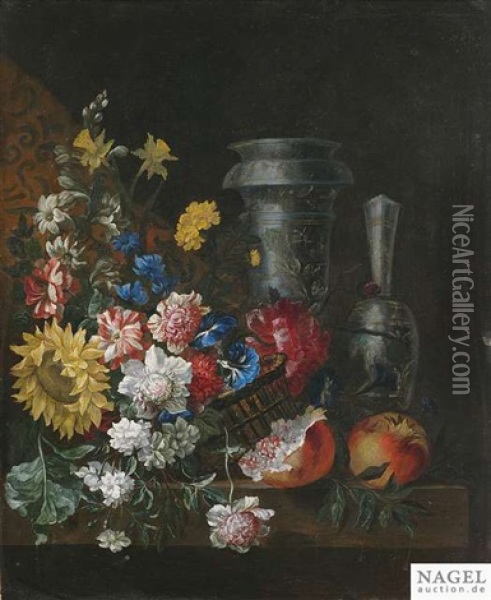 Blumen- Und Fruchtestilleben Mit Prunkgefasen Auf Einem Steinpodest Oil Painting - Jean-Baptiste Belin de Fontenay the Elder