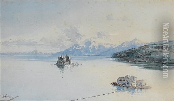 The Islands Of Pontikonissi And Vlacherna,corfu Oil Painting - Vikentios Boccheciampe