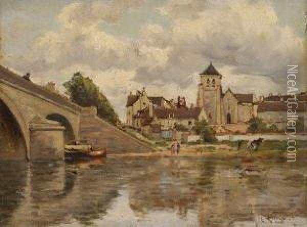 Village En Bordure De Fleuve Oil Painting - Henri Michel-Levy