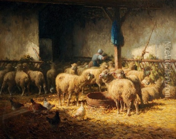 Moutons Dans La Bergerie Oil Painting - Charles H. Clair
