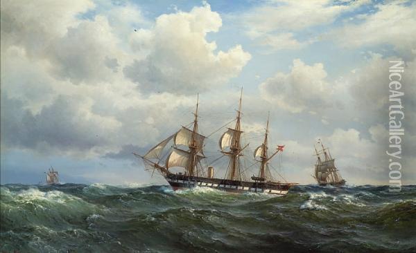 The Danish Auxiliary Steam 
Frigate 'sjaaland'cruising Under Shortened Sail, Before A Strong Breeze 
And Followingseas Oil Painting - Vilhelm Melbye