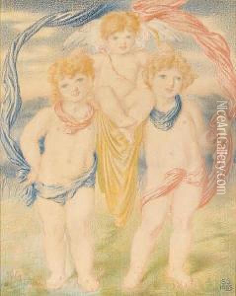 Cupid Carried In Triumph By Two Cherubs Oil Painting - Simeon Solomon