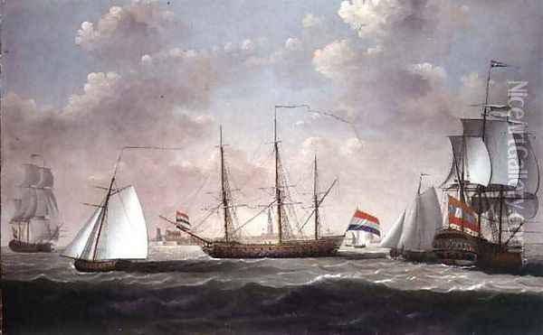 The East Indiaman t Slot ter Hooge and other shipping in a brisk breeze off a Dutch port possibly Flushing Oil Painting - Engel Hoogerheyden