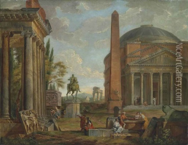 An Architectural Capriccio With The Pantheon, An Obelisk, An Equestrian Statue And A Ruined Temple, With Classical Figures Conversing In The Foreground Oil Painting - Giovanni Paolo Panini