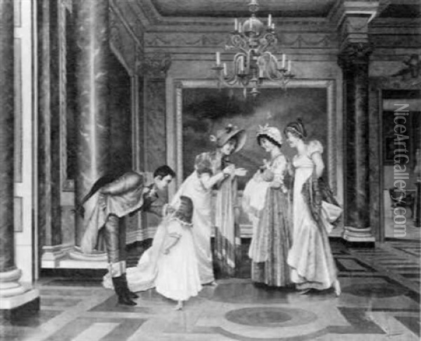 Klassizistisches Interieur Mit Drei Jungen Damen, Einem Kavalier Und Einem Kleinen Madchen Oil Painting - Vittorio Reggianini