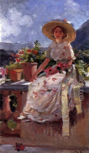 Sitting On The Balustrade Oil Painting - Paul Michel Dupuy