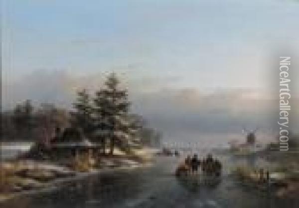 Peasants Conversing On A Frozen River, A Koek En Zopie Beyond Oil Painting - Lodewijk Johannes Kleijn