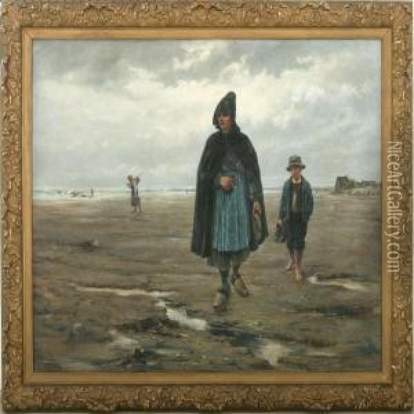 Woman And Boy On Thebeach Oil Painting - Paul Mathey