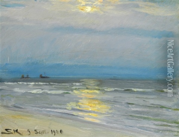 L'heure Bleu At Skagen Beach, Moonlight Oil Painting - Peder Severin Kroyer