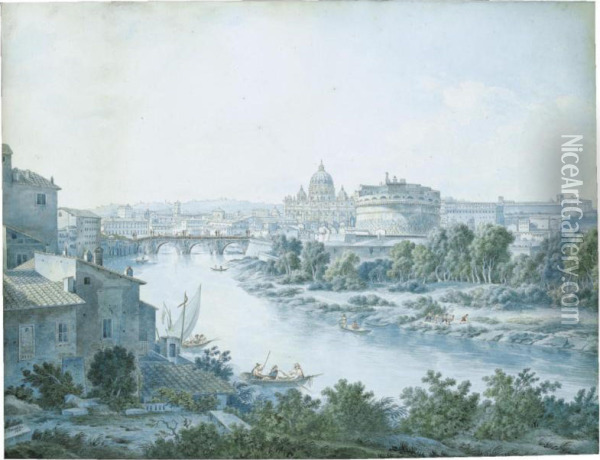 A View Of Rome From Tor Di Nona And The Tiber Looking Towardscastel Sant'angelo And Ponte Degli Angeli And The Basilica Of Stpeter Oil Painting - Simone Pomardi