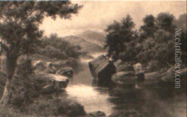 Bridge On The Wrion, N. Wales Oil Painting - William Henry Mander
