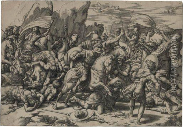 Battle Scene With A Shield On A Lance Oil Painting - Giovanni Jacopo Caraglio