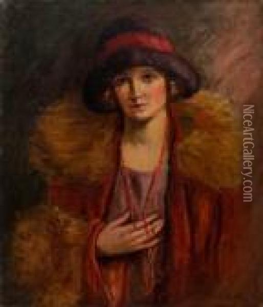 Portrait Of A Woman In A Red, Fur-lined Coat Oil Painting - Irving Ramsay Wiles