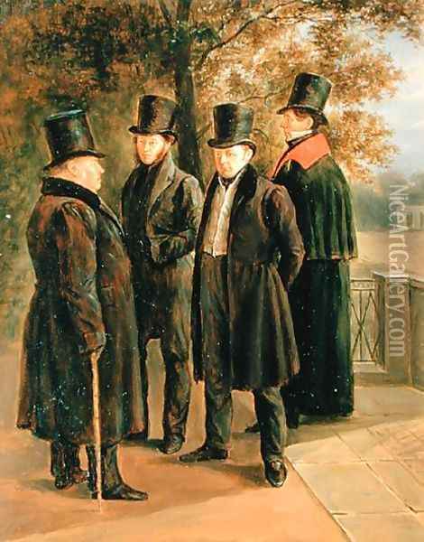The Poets Aleksandr Pushkin 1799-1837, Ivan Krylov 1768-69-1844, Vasily Zhukovsky 1783-1852 and Nicolai Gnedich 1784-1833 Oil Painting - Grigory Tchernezov