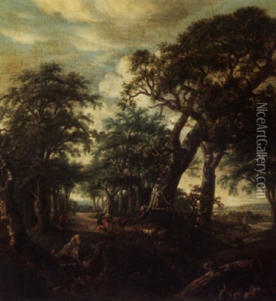 A Wooded Landscape With Figures, A Donkey, And A Flock Of Sheep On A Track Oil Painting - Jacob Van Ruisdael