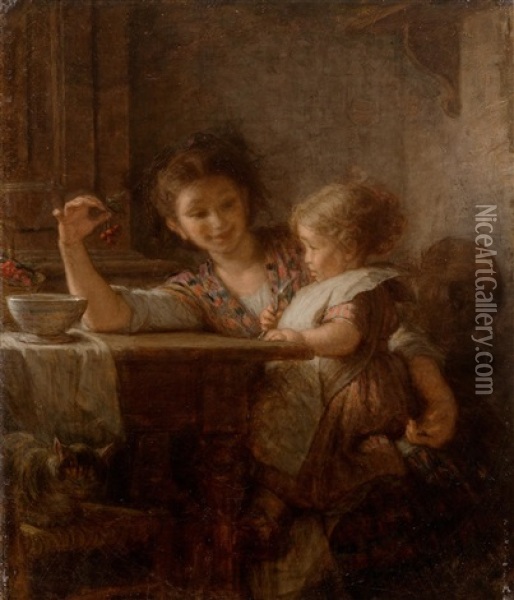 Jeune Femme Et Enfant S'appretant A Manger Des Cerises Oil Painting - Alfred van (Jacques) Muyden