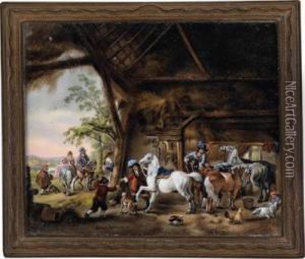 Unterstand Mit Gesattelten Pferden Oil Painting - Albert Schumann