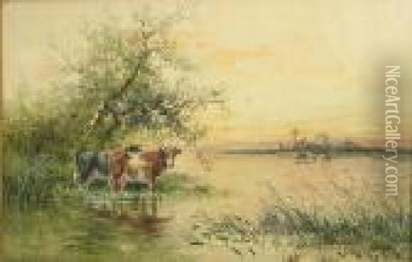 Cattle Watering Oil Painting - Hugo Anton Fisher
