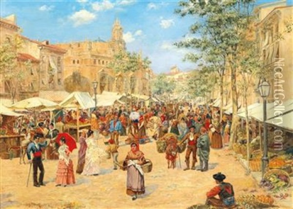 Colourful Spanish Market Scene Oil Painting - Albert Joseph Franke