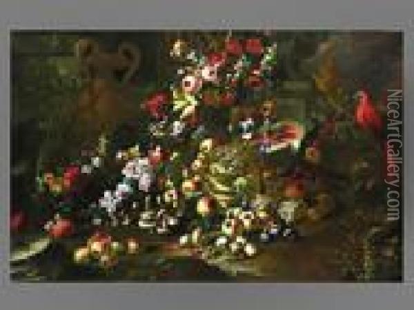 Fruchte, Pilze Und Blumenstillleben Mit Papagei Undamphore Oil Painting - Abraham Brueghel