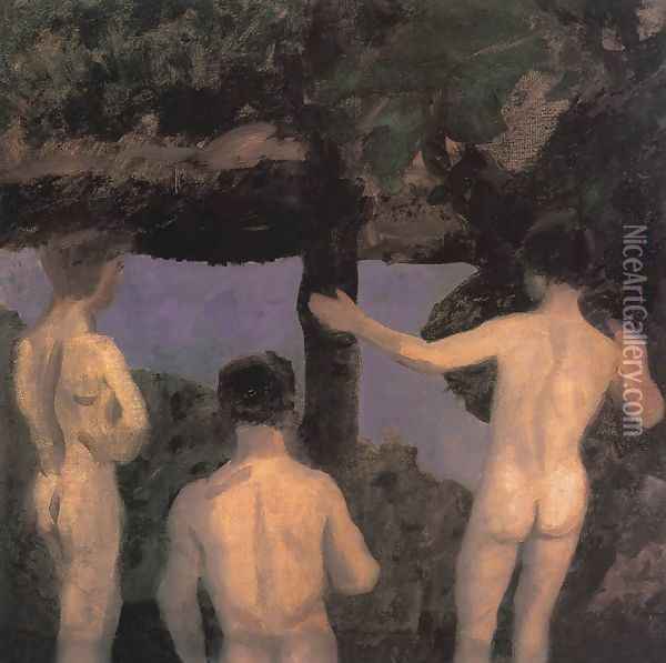 Three Nude Boys Evening sketch 1912 Oil Painting - Karoly Ferenczy
